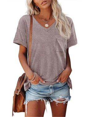 Womens V Neck T Shirt Short Sleeve Pocket Tee Casual Summer Top Gray Purple